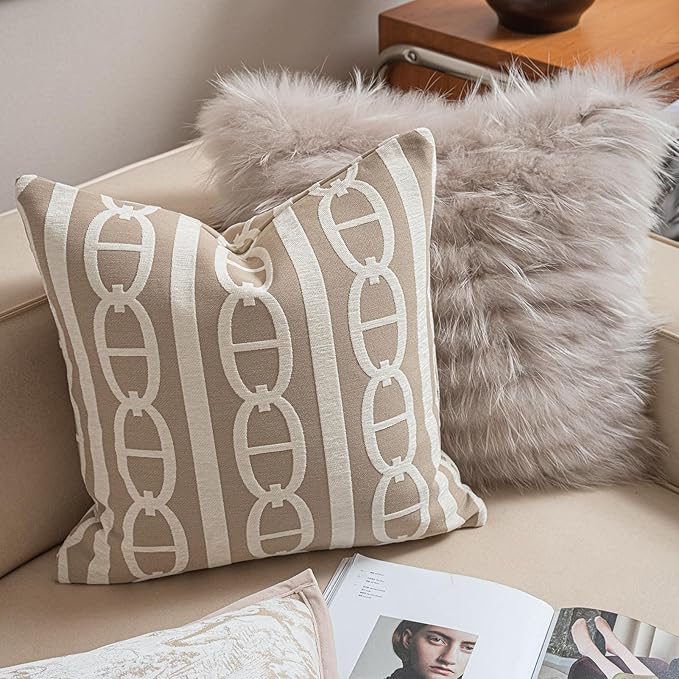 2025 New 18x18'' inches Throw Pillow Cushion Covers - Pignose Horseshoe Beige Color Chenille Jacquard Embroidery Luxury Modern Style Couch Sofa Bed Pillow Cover for Living Room Bedroom