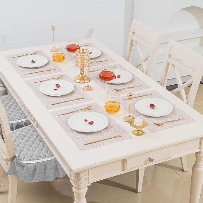 BACKTOEDEN Placemats Set of 6 Heat Resistant Washable Wipeable Placemat Woven Non-Slip Foldable Vinyl/Plastic Place Mats Indoor/Outdoor Mat Kitchen Dining Table Pad, Beige