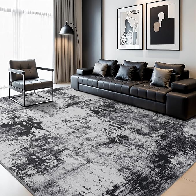 Rugflix 8x10 Area Rugs for Living Room, Washable Large Rug Stain-Resistant Low Pile, Modern Dark Carpet for Dining Room Home Office Kid Room Nursery Bedroom, Black Grey