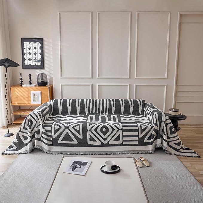 DREAMINGO Boho Couch Cover Washable Chenille Sofa Cover Blanket Beige Black Furniture Protector for Sectional 3 Cushion Couch Reversible Geometric Jacquard Sofa Slipcover, X-Large 71"x134"