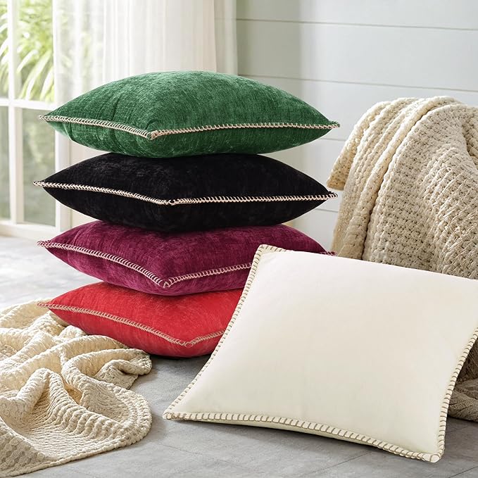 decorUhome Christmas Chenille Soft Throw Pillow Covers 18x18 Set of 2, Farmhouse Velvet Neutral Decorative Euro Pillow Covers with Stitched Edge for Couch Sofa Bed Home Decor, Red