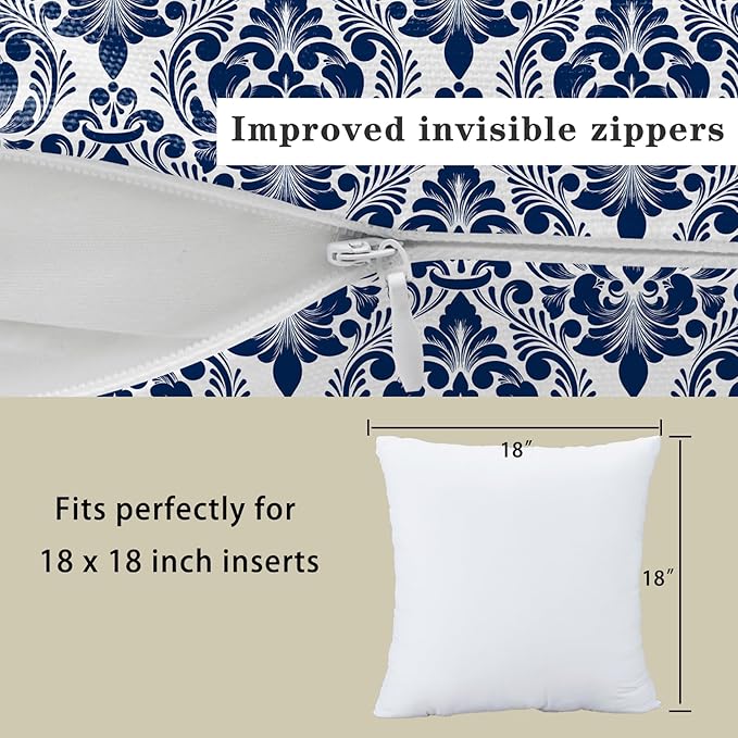 LOVOUS Navy Blue and White Damask Throw Pillow Covers 18x18 Inch Set of 2, Vintage Linen Decorative Pillow Covers for Bed Couch Sofa Bedroom Living Room Home Decor, B20