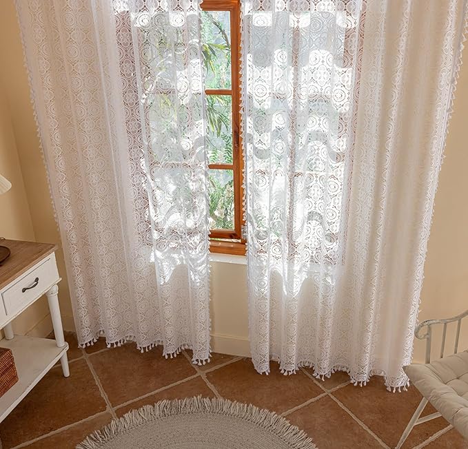 White Boho Curtains with Tassels 72 Inches length Vintage Floral Knitted Lace Sheer Curtains Rod Pocket Retro Crocheted Cottagecore Curtains for Bedroom Door Window 2 Panels 6 FT 59" W x 72" L