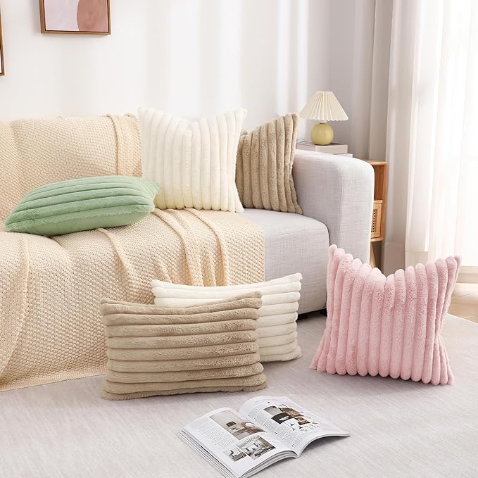 decorUhome Faux Fur Christmas Throw Pillow Covers 20x20 Set of 2, Decorative Soft Plush Striped Neutral Couch Euro Pillow Covers with Velvet Back for Sofa, Bed, Living Room Home Decor, Khaki Brown