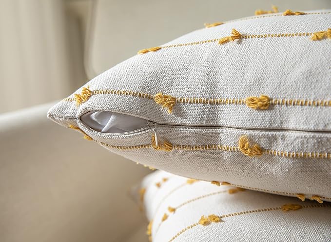 Caflife Boho Throw Pillow Covers 18x18 inches Beige and Yellow, Set of 2 Modern Farmhouse Decorative Pillow Covers for Couch Bed, Living Room