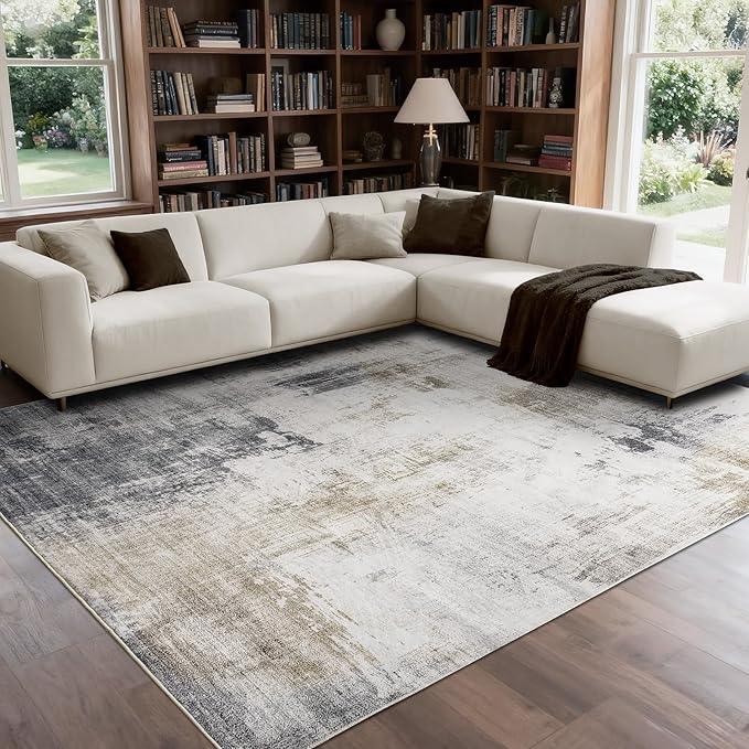 Area Rug 8x10 Living Room Rug,Modern Abstract Large Washable Rug,Non-Slip Stain Resistant Thin Carpet for Entryway Bedroom Dining Room Farmhouse Nursery Home Office- Gray Gold