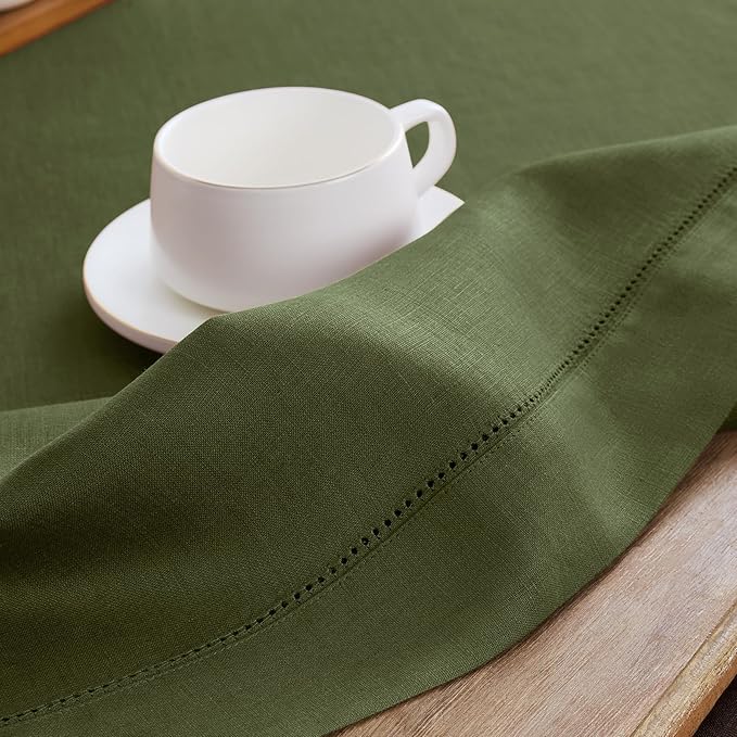 Solino Home Olive Linen Tablecloth 60 x 156 Inch - 100% Pure Linen Classic Hemstitch Table Cloth for Rectangle Tables - Machine Washable Tablecloth for Wedding, Parties, Fall, Autumn, Thanksgiving