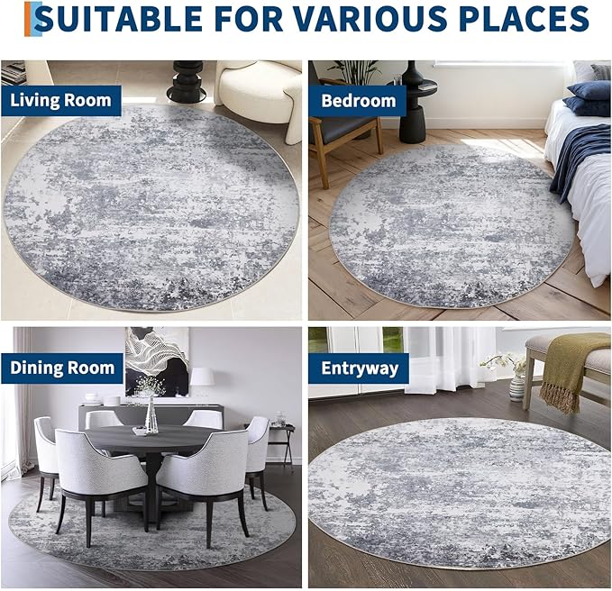 Modern Abstract 8x8 Round Area Rug Non Slip Non Shedding Rug Low Pile Stain Resistant for Bedroom Living Room Office Dining Room,Light Grey