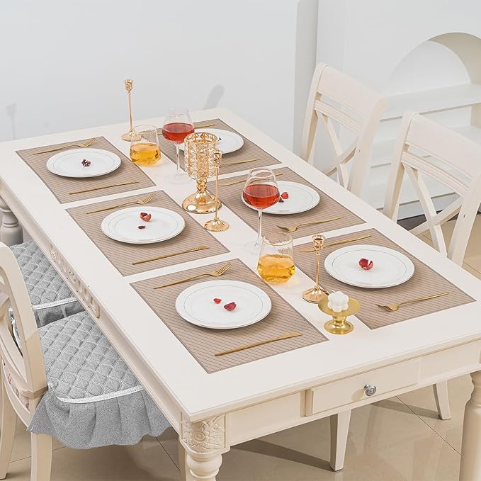 BACKTOEDEN Placemats Set of 8 Heat Resistant Washable Wipeable Placemat Woven Non-Slip Foldable Vinyl/Plastic Place Mats Indoor/Outdoor Mat Kitchen Dining Table Pad, Khaki Twill