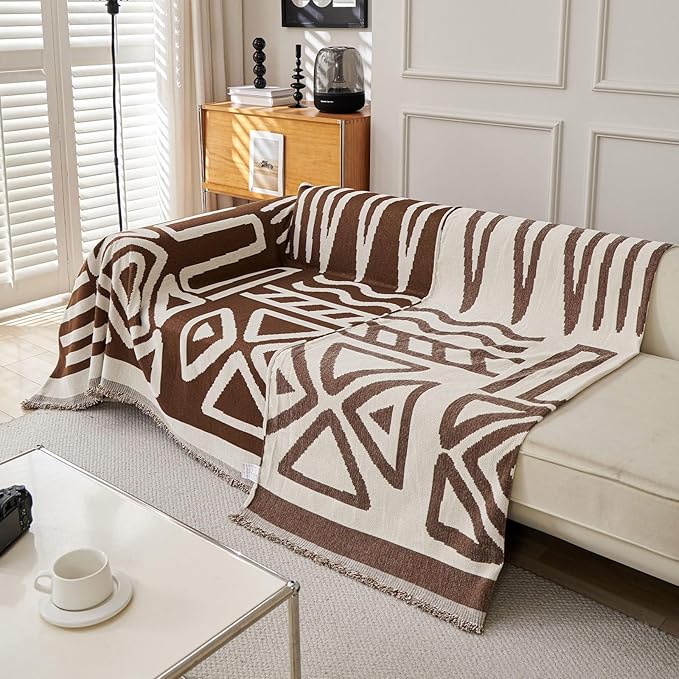 VClife Boho Couch Cover Thick Soft Chenille Sofa Covers for Sectional Couch, Bohemian Couch Covers for 3 Cushion Couch Sofa Washable Multi-Functional Furniture Protector, Chocolate, 71''x150''