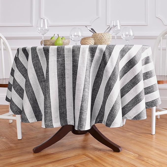 Solino Home Linen Round Tablecloth 70 Inch - Cabana Stripe, 100% Pure Linen Black and White Round Tablecloth - Machine Washable Table Cloth for Fall, Autumn, Thanksgiving