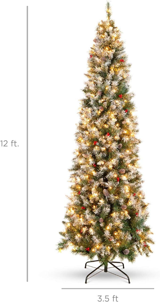 Best Choice Products 12ft Pre-Lit Pencil Christmas Tree, Partially Flocked Pre-Decorated for Home, Skinny Frosted Holiday Tree w/ 1,818 Tips, 700 Lights, Pine Cones, Metal Hinges & Base
