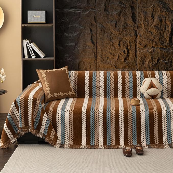 VClife Chenille Couch Cover for Sectional Sofa, Non Slip Couch Cover for 3 Cushion Couch Sofa, Washable Pet Couch Protector for Dog Chic Stripe Jacquard Sofa Slipcover with Tassel, Brown, 71''x150''
