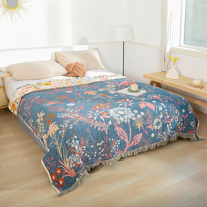 Boho Throw Blanket for Couch Sofa Chair Cotton Blankets for Bedroom Living Room All Season Soft Lightweight Reversible Floral Embroidery Throws 50"x60"