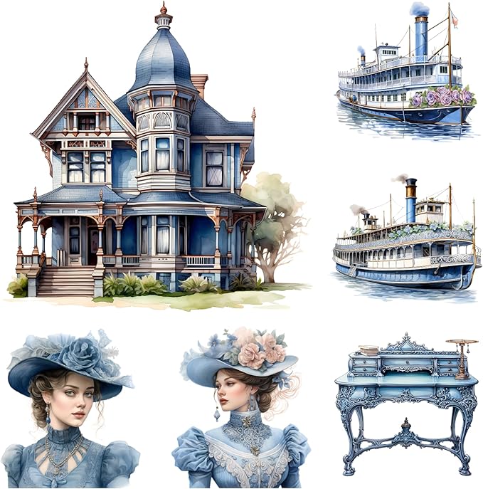 XERE 78 Pcs Blue Victorian Era Scrapbook Stickers Set, Aesthetic Sticker for Scrapbooking and Journaling, Junk Journal Supplies, Bullet Journals Materials, Planner Arts Craft Collage Supplies
