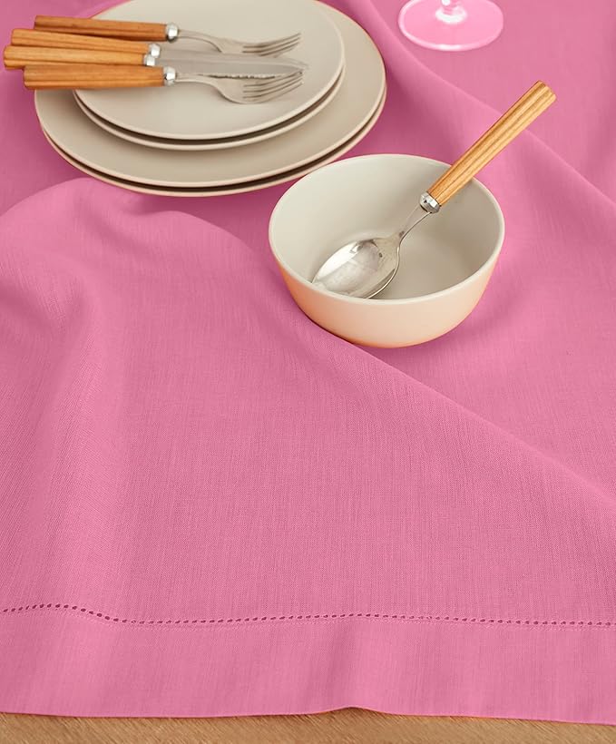 Solino Home Square Linen Tablecloth 52 x 52 Inch - 100% Pure Linen Flamingo Pink Table Throw - Classic Hemstitch, Machine Washable Table Cloth