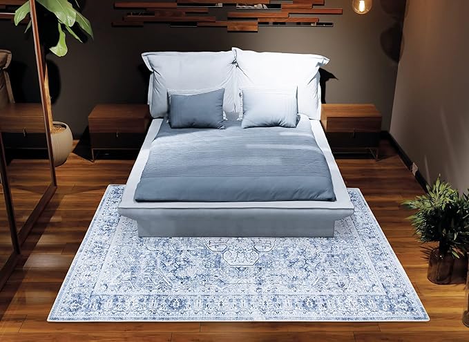 Bloom Rugs Washable Non-Slip 8' x 10' Rug - Ivory/Denim Blue Traditional Medallion Area Rug for Living Room, Bedroom, Dining Room, and Kitchen - Exact Size: 8' x 10'