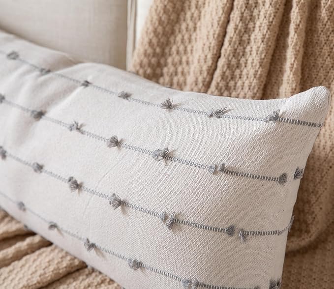 Caflife Boho Lumbar Throw Pillow Covers 14x36 inches Long, Farmhouse Decorative Body Lumbar Pillow for Bed and Sofa, Living Room Home Decor Couch Grey Lumbar Pillowcase, Pack of 1