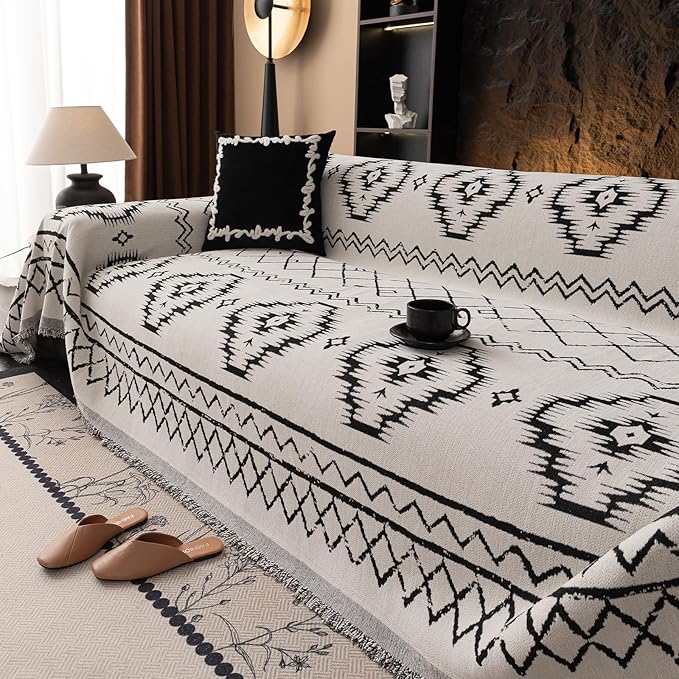 VClife Chenille Couch Cover Slipcover, Sectional Couch Cover for 3 Cushion Couch Sofa Pet Sofa Protector, Anti Slip White Tribal Pattern Couch Covers Furniture Protector wit Tassel, White, 71"X150"