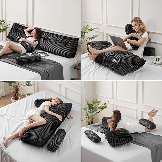Z-hom Large Wedge Pillow Headboard, King Triangular Headboard Pillow, Reading Pillow Standard Bed with a Roll Pillow for Bed Sitting Up Sleeping, Backrest Cushion Headboard Gap Pillow for Back, Black