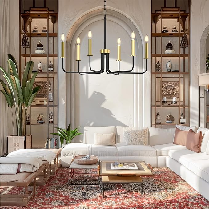 Farmhouse Chandelier, 6-Light Metal Hanging Ceiling Light Fixture for Dining Room, Kitchen Island, Living Room, Entryway, Foyer-Black and Gold