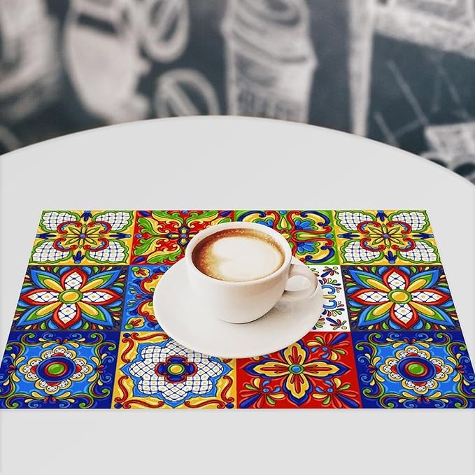 Mexican Placemat Set of 6, 12x18 Inch Rustic Colorful Talavera Ceramic Mexico Tiles Dia De Los Muertos Coffee Vintage Table Mats for Outdoor Kitchen Dining Table Decoration