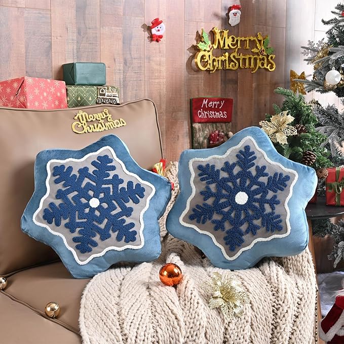 Lanpn Christmas Snowflake Pillows Set of 2, Christmas Decoration Winter Throw Pillows Decorative Throw Cushion for Sofa Living Room Bedroom Xmas Decor (17x17 inch, Blue)