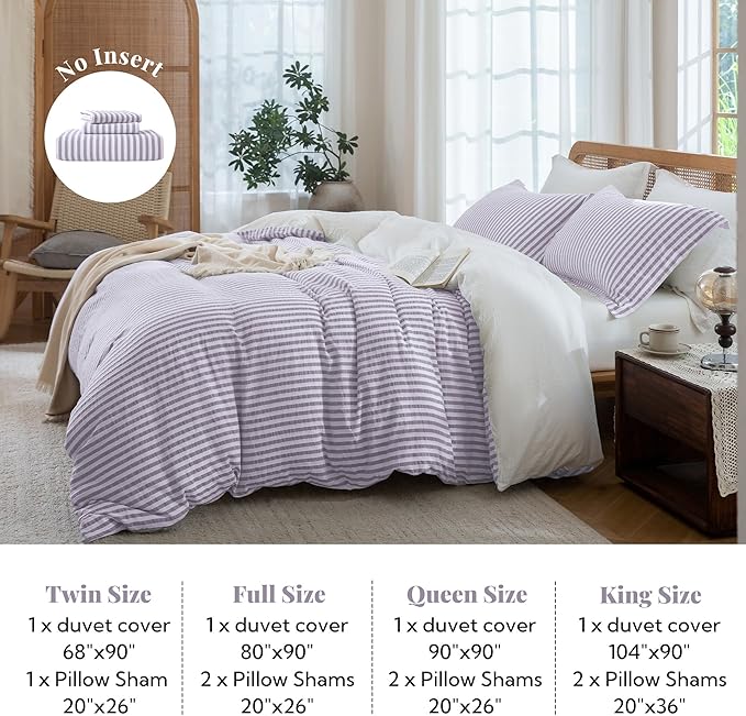 MILDLY Purple Striped Duvet Cover - 100% Washed Cotton Jacquard Boho Textured Comforter Cover 2pcs with Corner Ties Zipper Closure 68"x90"