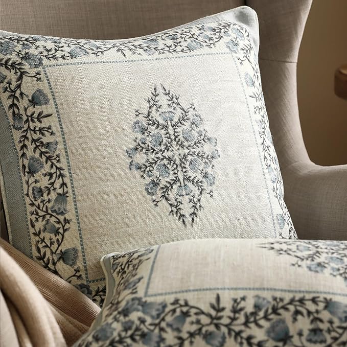 ISAENNE Design Linen Square Throw Pillow Covers 18"x18" Pack of 2, Cottage Farmhouse Cushion Covers with Blue Grey Thorn Vine Pattern Decoration Pillowcases for Bed, Living Room, Outdoor, Car