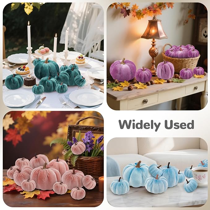 12 Pcs Autumn Artificial Velvet Pumpkins Set Halloween Faux Kitchen Cloth Fall Harvest Foam Farmhouse Porch Table Wedding Decorative Black