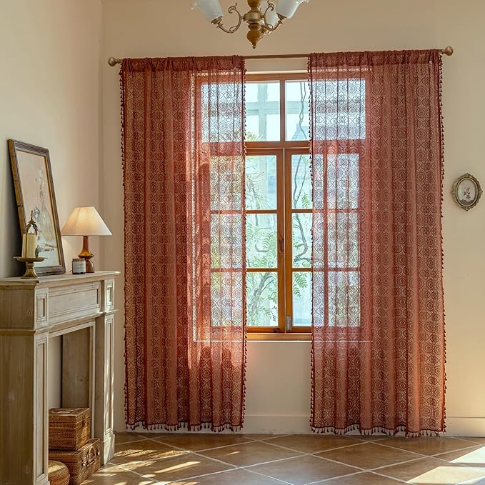 Burnt Orange Sheer Curtains 72 Inch Length 2 Panels Set Boho-Meets-Victorian Lace Crochet Curtain Panels for Bedroom Living Room Rustic Fall Boho Curtains Rod Pocket Privacy 59 W x 72 L Terracotta