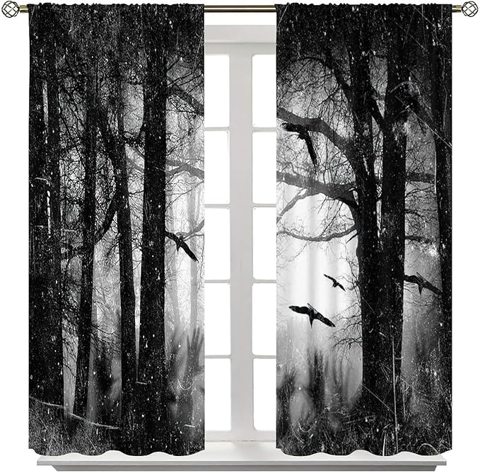 Gothic Forest Blackout Curtains, Foggy Forest Dead Trees Crow Halloween Style Black White Scary Print Window Treatments, for Bedroom Living Room 36(W)*63(L) 2 Panels
