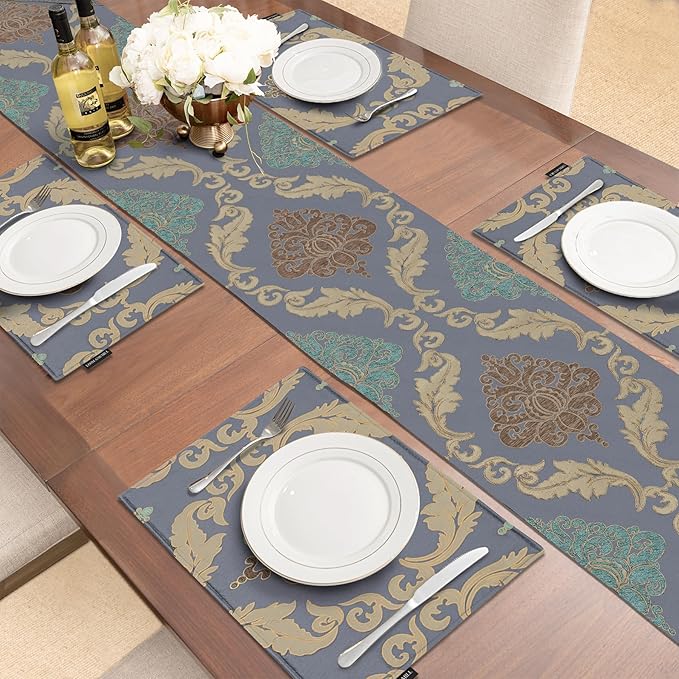 Loom and Mill Luxury Table Runner 108 Inches Long, Traditional Damask Jacquard Table Runners with Handmade Multi-Tassels for Dining Room Dresser Party Holiday Banquet Decorations(13"x108", Grey Blue)