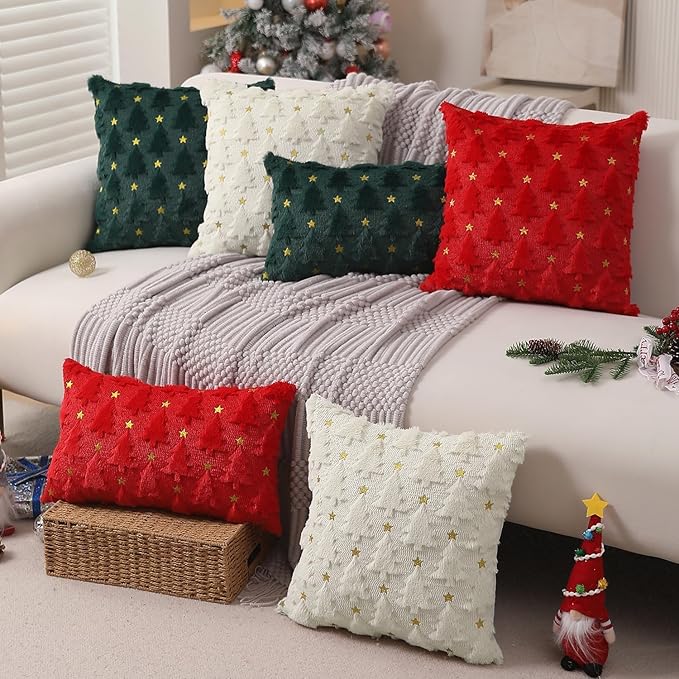 Christmas Throw Pillow Covers Christmas Decorations Set of 2 Xmas Tree 18x18 Pillow Covers Soft Plush Faux Wool Pillow Cases Holiday Winter Decor Sofa Couch Bed