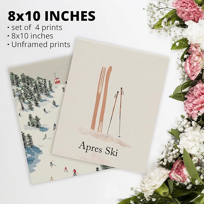 AEHIE Ski Ya Later Winter Snowboard Wall Art Poster Prints for Home Bedroom Living Room Office, Winter Christmas Ski Lift Decor, Winter Snowboard Ski Lift Wall Art Unframed 4pcs 8x10inch