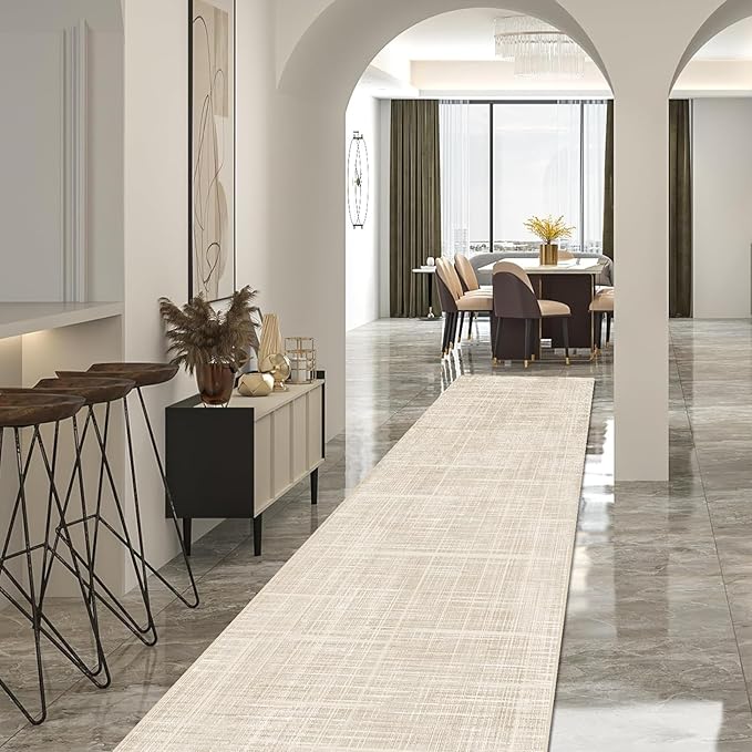 Enkor Runner Rugs for Hallway, 2'7"x13 Washable Soft Non Slip Rugs Abstract for Kitchen, Modern Mat for Entryway Living Room Bedroom Beige Grid