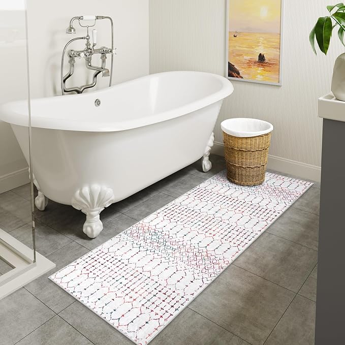 Lahome Moroccan Long Kitchen Rugs Runners - 2x8 Rug Runners for Hallways Low-Profile Non Slip Rubber Backed Carpet, Geometric Print Distressed Floor Mat for Entryway Laundry Room Foyer
