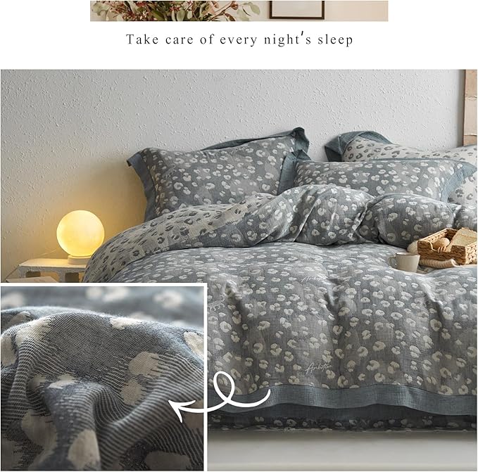 mixinni Leopard Duvet Cover Queen Size, Premium Yarn-Dyed Jacquard Cotton Duvet Cover with Grey Leopard Print, Farmhouse Bedding Set with Edge Design, Perfect for Him and Her-(Queen Size, Grey)
