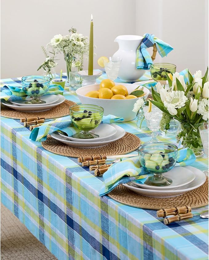 Solino Home Blue Linen Plaid Tablecloth 60 x 132 Inch - 100% Pure Linen Summer Madras Plaid Tablecloth - Handcrafted and Machine Washable Table Cover