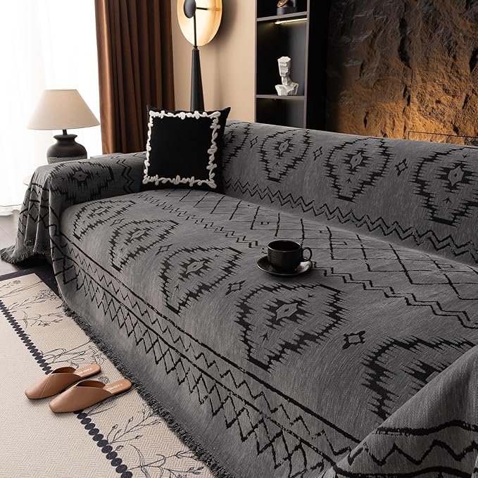 VClife Couch Cover Sofa Cover Washable Sofa Protector, Non Slip Couch Covers for 2 Cushion Couch Sofa Modern Tribal Pattern Sofa Slipcover Dog Furniture Protector, Soft Chenille, Dark Gray, 71"X118"