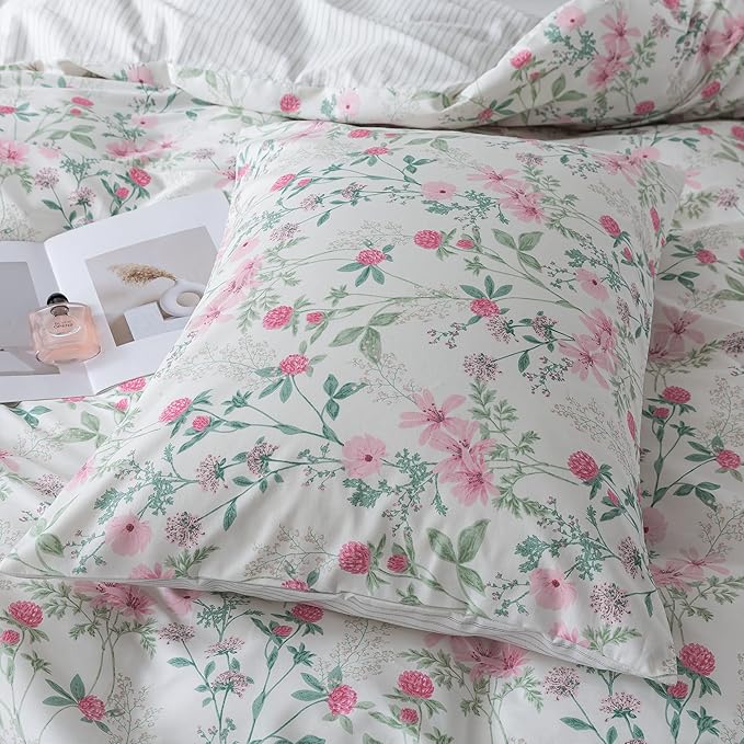 HoneiLife Cotton Duvet Cover King - Botanical Comforter Cover, 3-PC Bedlinen for Set with Zipper Closure & Corner Ties, Sweat-Absorption Comforter Cover Sets, Fuchsiaโ