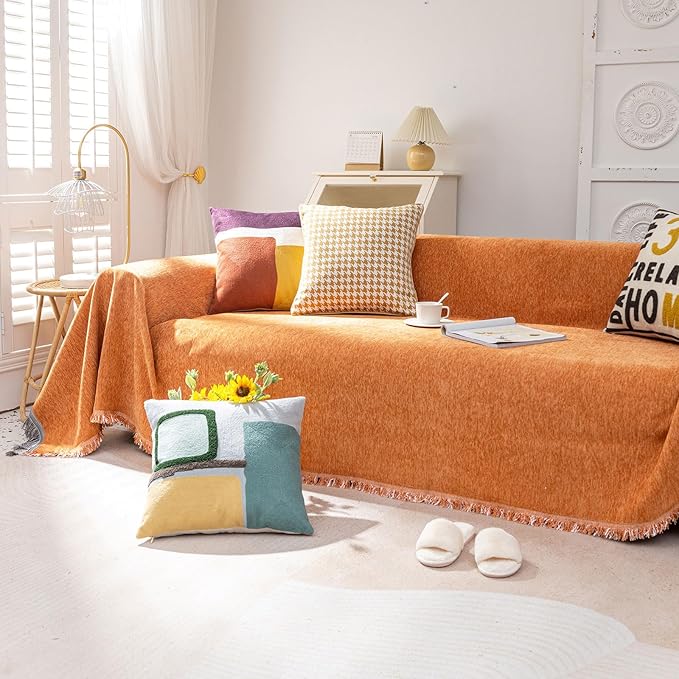 VClife Modern Orange Couch Cover XL Sofa Cover for Sectional Couch, Soft Kids Couch Covers for 3 Cushion Couch Sofa, Thick Chenille L-Shape Furniture Sofa Covers for Living Room 71"x134"