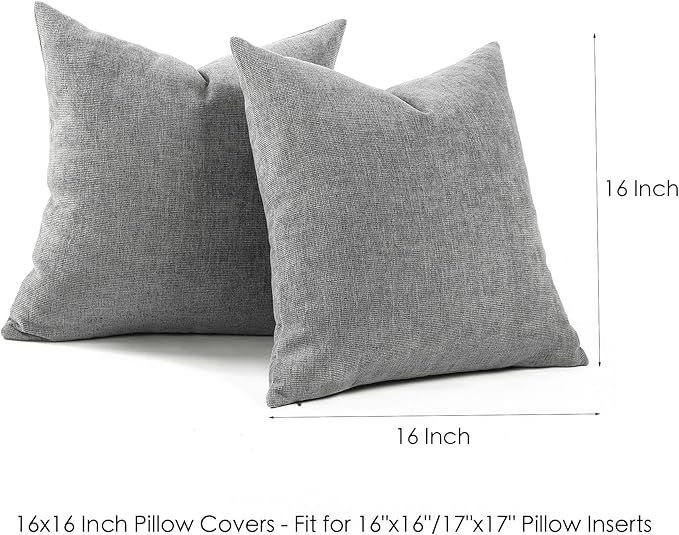 Jepeak 16x16 Inch Decorative Chenille Throw Pillow Covers, Pack of 2 Cozy Concise Pillow Cases Soft Farmhouse Modern Square Cushion Cover for Sofa Couch Bed Home Decor, Grey