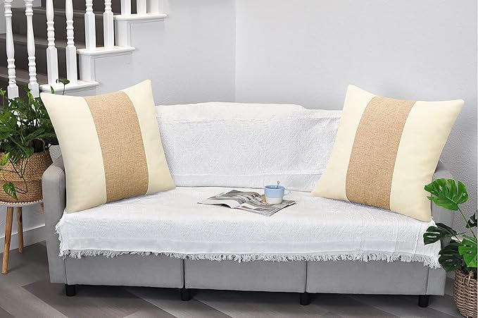 Pyonic Boho Throw Pillows 18X18 Farmhouse Decorative Throw Pillow Covers Stripe Patchwork Linen Cushion Case for Couch Living Room Bedroom Set of 2,Tan and White