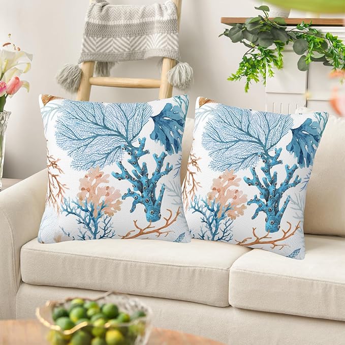 Pillow Covers 18X18 Set of 2, Blue and Brown Corals Decorative Throw Pillow Covers, Colorful Underwater Sea Life Pillow Cover Pillowcase Cushion Case for Home Sofa Couch Indoor Outdoor