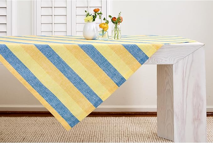 Solino Home Linen Tablecloth 52 x 52 Inch - Cabana Stripe, 100% Pure Linen Bright Summer Stripe Square Tablecloth - Machine Washable Table Throw