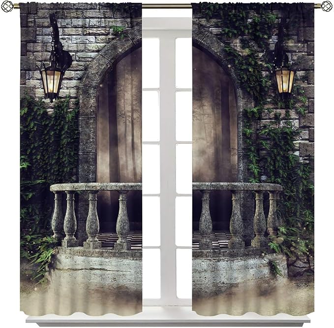Retro Gothic Castle Arch Blackout Curtains, Mid Century European Art Aesthetics Forest Window Drapes, for Living Room Bedroom 27.5(W)*63(L) 2 Panels