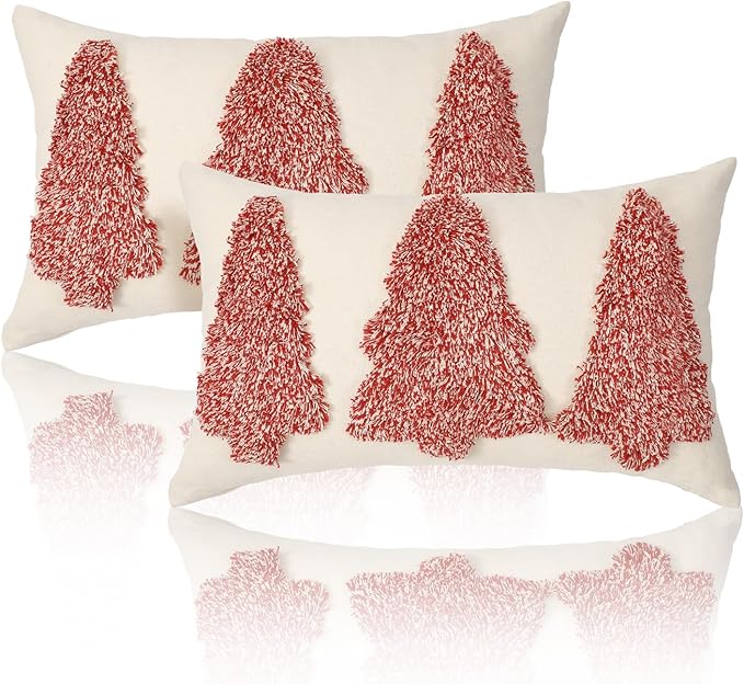 Lewondr Christmas Throw Pillow Covers, 2 Pack Christmas Tree Embroidery Decorative Throw Pillow Case Sofa Cushion Cover for Party Thanksgiving Day Xmas Decor 12"x20"(30x50cm), Beige