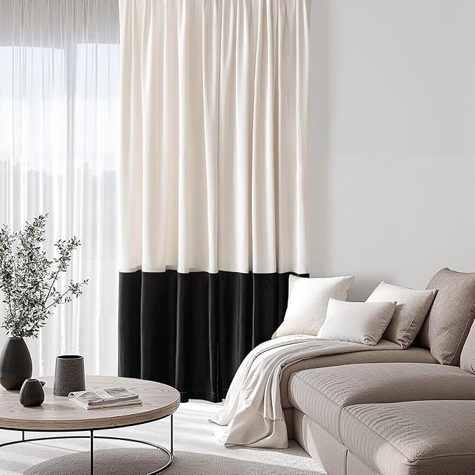 Velvet Curtains 84 inches Long for Living Room Cream Ivory Black,2 Panels Blackout Curtains Modern Color Block Back Tab Rod Pocket Soundproof Drapes for Bedroom Window Decor
