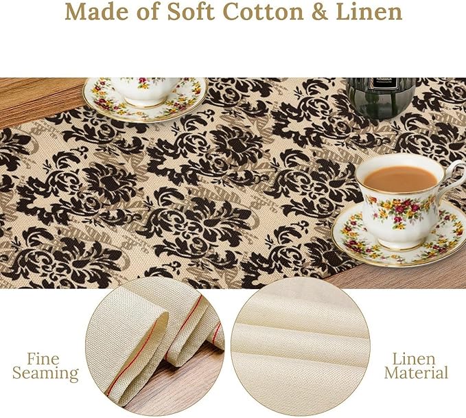 Farmhouse Damask Table Runner Brown Damask Patterned Baroque Table Runner for Kitchen Dining Party Decor 13x90in
